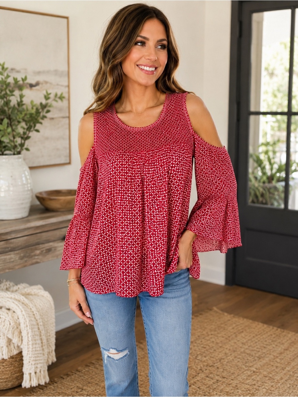 Lucky Brand Red White Print Cold Shoulder Blouse Size Small Boho Peasant Top